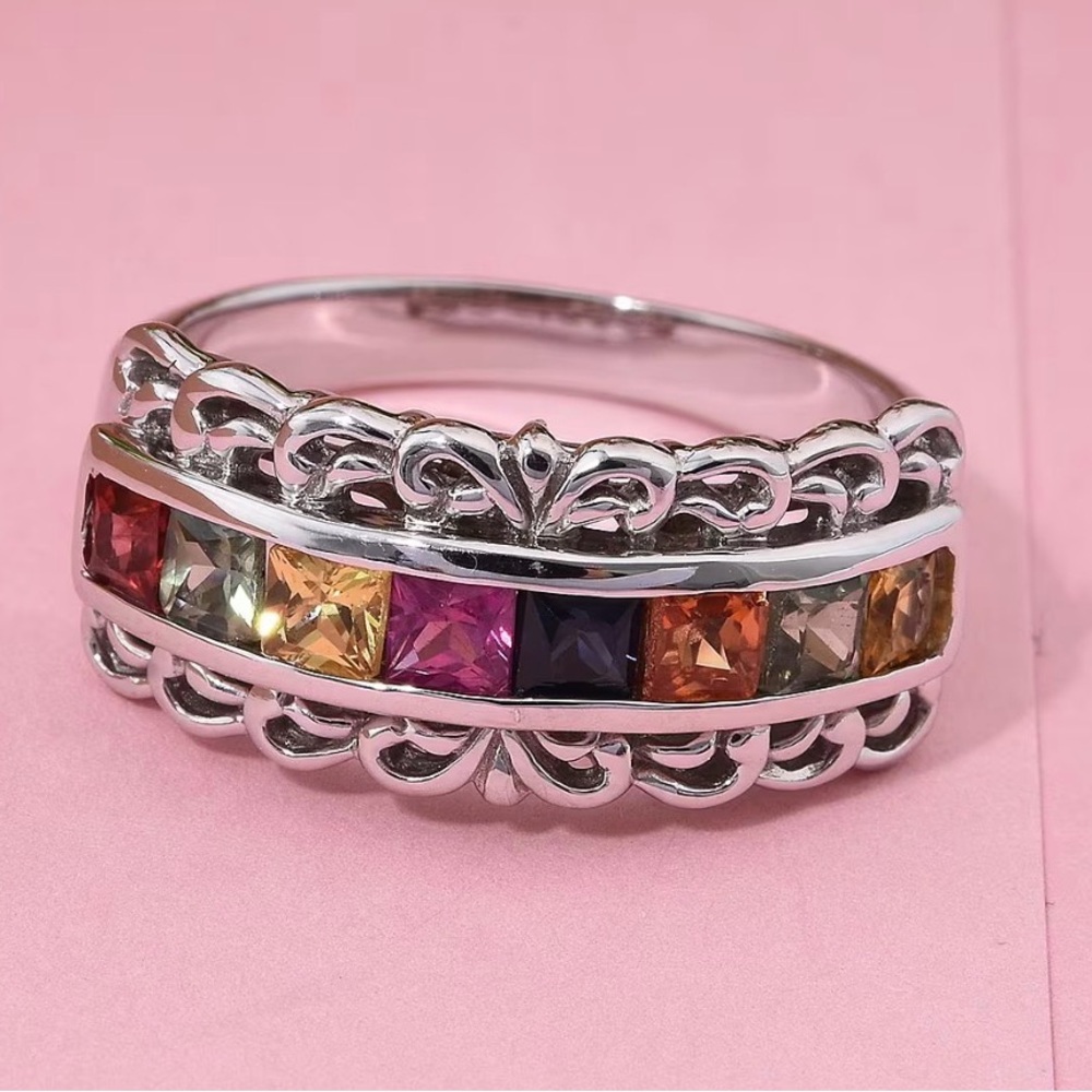 🌟 NEW! Multi Sapphire 1.25 ctw Regal Arc Ring in Rhodium Over Sterling Silver